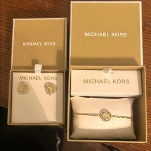 Michael Kors Gold MK Logo Bracelet and Heart Stud Earrings Set
